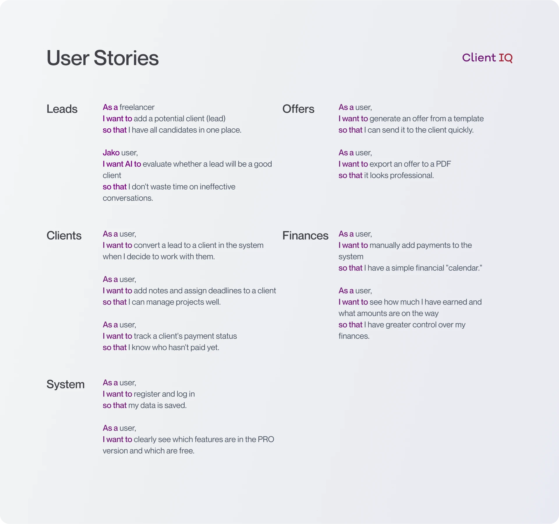 Client IQ - User Stories 2